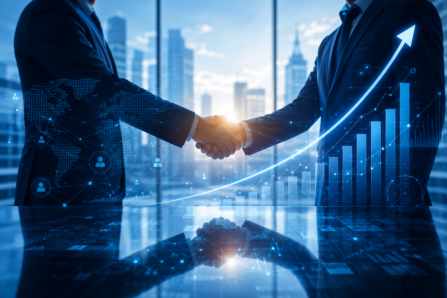 Two businessmen shaking hands in front of a city skyline with a rising growth chart overlay