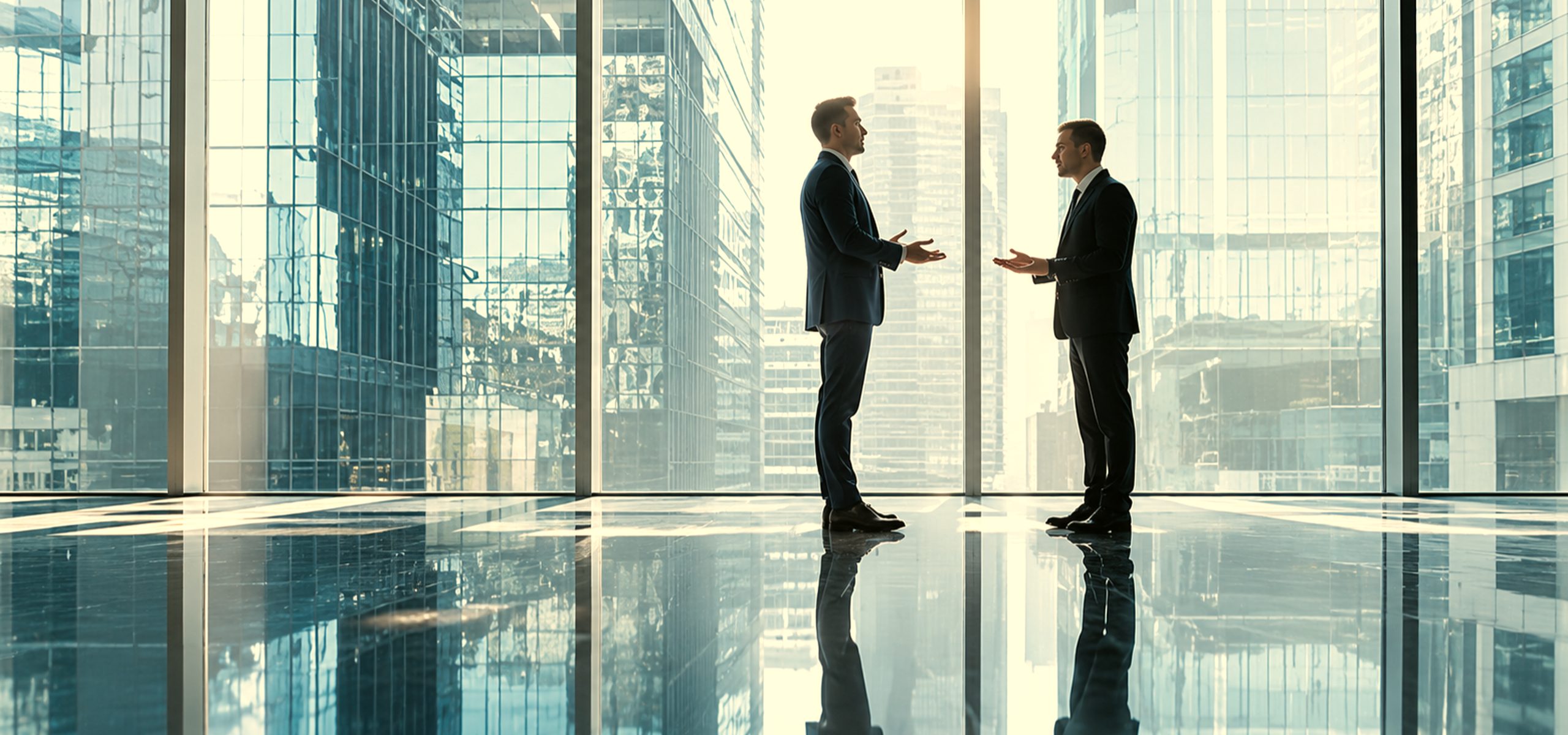 Two leaders in conversation in a glass tower